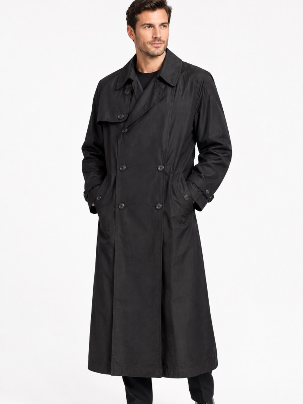 Vintage Hugo Boss Mercury Large Trench Coat Black Full Length Double Breasted